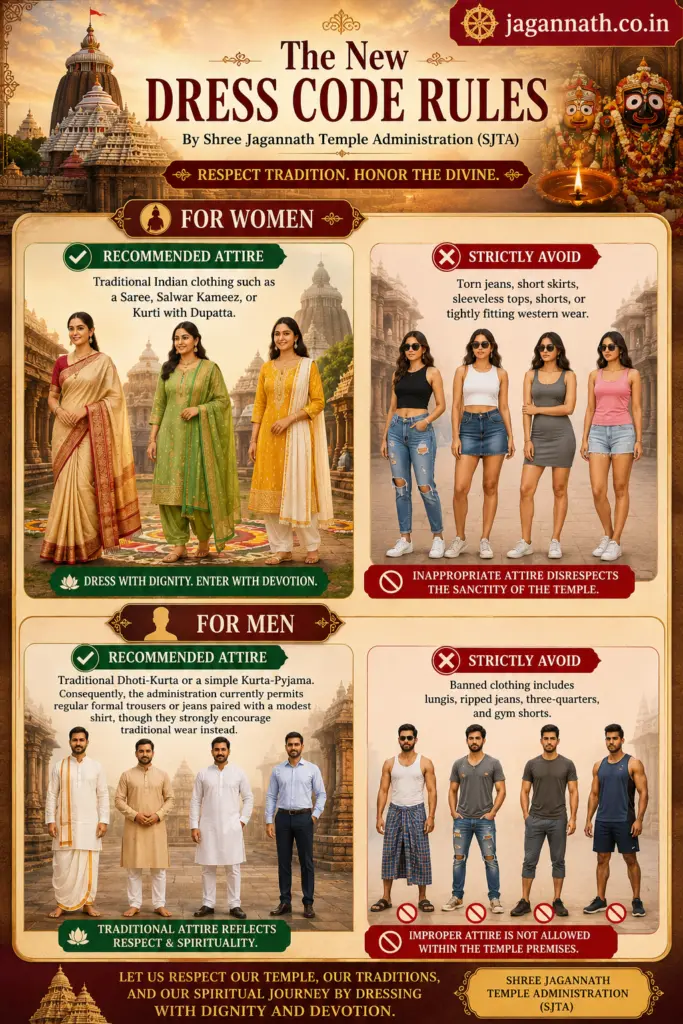 An informational graphic listing the dress code rules and attire guidelines for visitors at the Shree Jagannath Temple in Puri Odisha