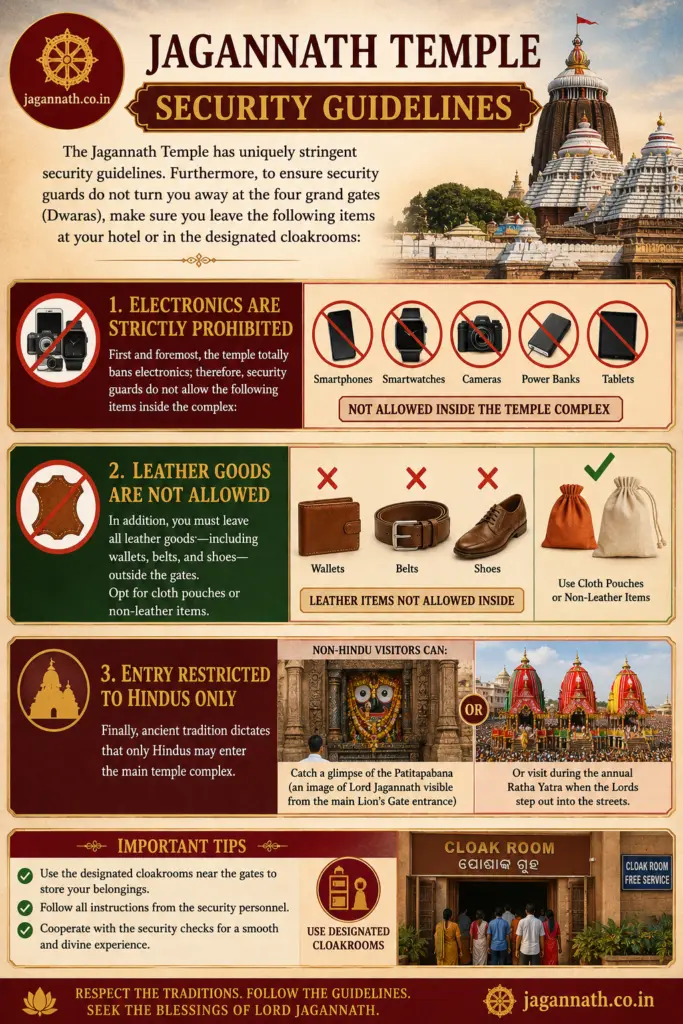 Important security guidelines and safety protocols for visitors at the Shree Jagannath Temple in Puri Odisha